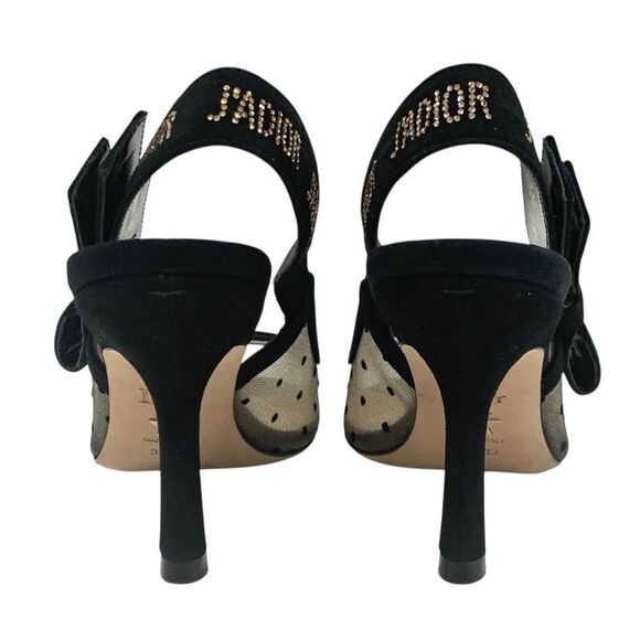 Christian DIOR Jadior Sandals Shoes Mesh Suede Black Rhinestone Dot Ring Back - Picture 6 of 11
